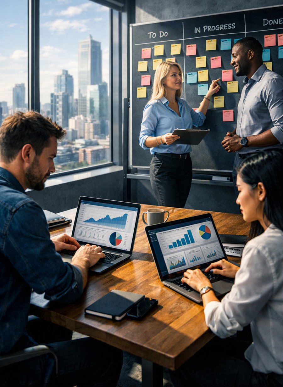 A project team collaborating around a Kanban board and data dashboards